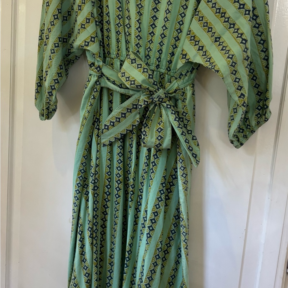 Green and White Tie Front Sundress with Bishop Sleeves